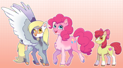Size: 3668x2032 | Tagged: safe, alternate version, artist:applejuicenpeach, apple bloom, derpy hooves, pinkie pie, earth pony, pegasus, pony, g4, abstract background, bald face, blaze (coat marking), chest fluff, coat markings, colored eyebrows, colored hooves, colored pinnae, colored wings, face paint, facial markings, fangs, feathered fetlocks, female, filly, foal, gradient background, high res, looking at you, mare, smiling, smiling at you, socks (coat markings), spread wings, tongue out, trio, two toned wings, unshorn fetlocks, wings