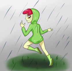 Size: 3507x3472 | Tagged: safe, artist:sumin6301, apple bloom, human, equestria girls, g4, 2012, ass, butt, high res, looking sideways, old art, rain, raincoat, running, smiling, solo