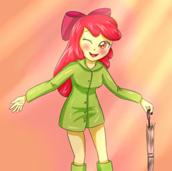 Size: 3507x3472 | Tagged: safe, artist:sumin6301, apple bloom, human, equestria girls, g4, 2012, adorabloom, blushing, cute, female, high res, old art, one eye closed, open mouth, rain, raincoat, smiling, solo, umbrella, wink