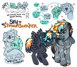 Size: 2400x2089 | Tagged: safe, artist:opalacorn, oc, oc only, oc:sky, oc:strikebreaker, pegasus, pony, argument, bandaid, bandaid on nose, beard, cloud, commission, dialogue, eyes closed, facial hair, female, floating heart, grin, heart, high res, hug, looking at each other, looking at someone, lying down, lying on a cloud, male, mare, oc x oc, on a cloud, open mouth, open smile, shipping, simple background, smiling, smiling at each other, speech bubble, stallion, white background