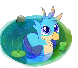 Size: 2127x1855 | Tagged: safe, artist:aureate serene, gallus, griffon, g4, behaving like a duck, cute, deep water, floating, folded wings, gallabetes, lilypad, male, stone, whirlpool, wings, younger, younger gallus