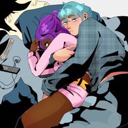 Size: 1200x1200 | Tagged: safe, artist:_cosmic_bees_, hitch trailblazer, pipp petals, human, g5, alternate hairstyle, alternate universe, bed, cuddling, dark skin, female, hug, humanized, light skin, looking at you, male, pillow, ship:pitch, shipping, straight, unmoving plaid