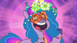 Size: 3072x1727 | Tagged: safe, screencap, izzy moonbow, pony, unicorn, diva and conquer, g5, my little pony: tell your tale, spoiler:g5, spoiler:my little pony: tell your tale, spoiler:tyts01e56, evil laugh, female, glasses, laughing, magic, mare, open mouth, open smile, smiling, solo, telekinesis