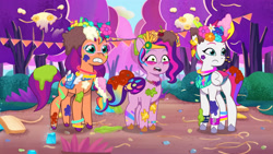 Size: 3072x1727 | Tagged: safe, screencap, pipp petals, sunny starscout, zipp storm, earth pony, pegasus, pony, diva and conquer, g5, my little pony: tell your tale, spoiler:g5, spoiler:my little pony: tell your tale, spoiler:tyts01e56, female, frown, glasses, mane stripe sunny, mare, open mouth, royal sisters (g5), siblings, sisters, trio, trio female