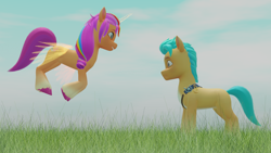 Size: 1920x1080 | Tagged: safe, artist:thisguy, hitch trailblazer, sunny starscout, alicorn, earth pony, pony, g5, 3d, alicornified, blender, blue sky, duo, duo male and female, female, flying, grass, grass field, male, mane stripe sunny, mare, race swap, sad, sheriff's badge, ship:starblazer, shipping, smiling, stallion, straight, sunnycorn, unshorn fetlocks