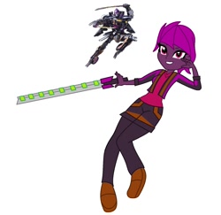 Size: 1502x1461 | Tagged: safe, artist:robertsonskywa1, cybertronian, human, robot, equestria girls, g4, clothes, crossover, equestria girls-ified, female, katana, nightbird, photo, simple background, solo, sword, transformers, transformers rise of the beasts, unmasked, weapon, white background