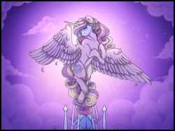 Size: 1032x774 | Tagged: safe, artist:binibean, princess cadance, alicorn, pony, g4, female, flying, looking at you, mare, smiling, smiling at you, solo, spread wings, wings