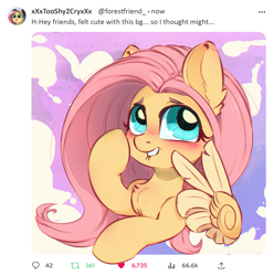 Size: 1830x1846 | Tagged: safe, alternate version, artist:inkypuso, artist:thebenalpha, fluttershy, pegasus, pony, g4, blushing, bust, chest fluff, chromatic aberration, collaboration, cute, ear fluff, feather fingers, female, grin, lip bite, looking away, mare, meta, peace sign, raised hoof, shyabetes, smiling, solo, three quarter view, twitter, wing hands, wings