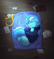 Size: 1306x1425 | Tagged: safe, artist:gosha305, lyra heartstrings, pony, unicorn, fanfic:background pony, g4, book, clothes, cold, dig the swell hoodie, eyes closed, fanfic art, female, floppy ears, fluffy, full body, gritted teeth, high angle, hoodie, hooves, lying down, lyre, mare, music, music notes, musical instrument, paper, sad, self-hugging, shivering, solo, teeth, wooden floor, writing