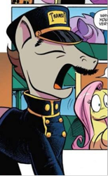Size: 357x580 | Tagged: safe, artist:andypriceart, idw, official comic, fluttershy, transit, earth pony, pegasus, pony, g4, spoiler:comic, spoiler:comic64, big hair, clothes, comic, conductor, denim, denim jacket, everything old, facial hair, fashion crisis, female, jacket, male, mare, moustache, shoes, skirt, stallion