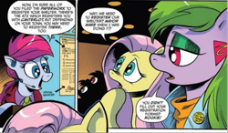 Size: 822x481 | Tagged: safe, artist:andypriceart, idw, official comic, fluttershy, neon mold, platinum punk, earth pony, pony, g4, spoiler:comic, spoiler:comic64, 80's fashion, 80s, 80s hair, bangles, big hair, boots, clothes, comic, denim, denim jacket, ear piercing, earring, everything old, fashion crisis, female, jacket, jewelry, manehattan, mare, piercing, shoes, speech bubble