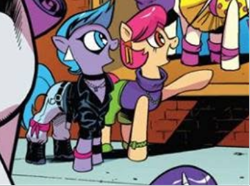 Size: 362x270 | Tagged: safe, artist:andypriceart, idw, official comic, earth pony, pony, g4, spoiler:comic, spoiler:comic64, 80's fashion, 80s, 80s hair, big hair, boots, clothes, comic, denim, denim jacket, ear piercing, earring, everything old, fashion crisis, female, jacket, jewelry, leather, leather jacket, manehattan, mare, piercing, shoes, unnamed character, unnamed pony, watch