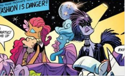 Size: 468x286 | Tagged: safe, artist:andypriceart, idw, official comic, earth pony, pony, unicorn, g4, spoiler:comic, spoiler:comic64, 80's fashion, 80s, 80s hair, big hair, clothes, comic, ear piercing, earring, everything old, fashion crisis, female, fishnet stockings, jewelry, manehattan, mare, piercing, skirt, unnamed character, unnamed pony