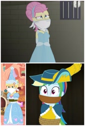 Size: 2927x4298 | Tagged: safe, artist:robukun, applejack, fluttershy, rainbow dash, human, equestria girls, g4, applejack also dresses in style, bondage, bound and gagged, captured, cinderella, cloth gag, clothes, damsel in distress, disney, dress, ear piercing, flower, flower in hair, froufrou glittery lacy outfit, gag, gloves, hat, help us, hennin, humanized, jewelry, kidnapped, long gloves, necklace, over the nose gag, piercing, pretty, princess, princess applejack, puffy sleeves, rainbond dash, rainbow dash always dresses in style, tied up