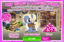 Size: 1966x1300 | Tagged: safe, gameloft, gentiana, earth pony, pony, g4, my little pony: magic princess, official, advertisement, bag, bush, clothes, costs real money, english, female, filly, foal, gem, introduction card, mare, mobile game, numbers, sale, shovel, solo, text