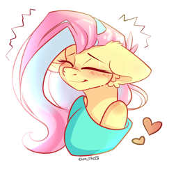Size: 1720x1766 | Tagged: safe, artist:yuris, fluttershy, pegasus, pony, g4, blushing, bust, ears back, female, human shoulders, portrait, reaction image, simple background, smiling, solo, white background
