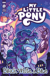 Size: 2063x3131 | Tagged: safe, artist:syd hall, idw, official comic, izzy moonbow, misty brightdawn, skye, violette rainbow, pony, unicorn, zebra, g5, my little pony: black white & blue, official, spoiler:comic, spoiler:g5comic, bewitched, bracelet, braces, broom, coat markings, comic cover, cover, cover art, cute, female, filly, flying, flying broomstick, foal, freckles, friendship bracelet, group, happy, hat, high res, izzybetes, jewelry, mare, my little pony logo, open mouth, open smile, pale belly, parody, pinto, quartet, scared, smiling, socks (coat markings), unshorn fetlocks, vitiligo, witch hat, worried