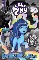 Size: 2063x3131 | Tagged: safe, artist:casey coller, idw, official comic, izzy moonbow, misty brightdawn, opaline arcana, skye, violette rainbow, alicorn, pony, unicorn, zebra, g5, my little pony: black white & blue, official, spoiler:comic, spoiler:g5comic, :o, bracelet, braces, castle, coat markings, comic cover, cover, cover art, eyeshadow, female, filly, foal, friendship bracelet, frown, high res, jewelry, makeup, mare, my little pony logo, necklace, open mouth, open smile, pale belly, partial color, smiling, socks (coat markings), starry eyes, unshorn fetlocks, variant cover, wingding eyes