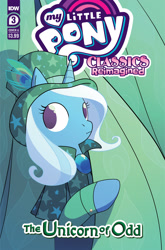 Size: 2063x3131 | Tagged: safe, artist:jenna ayoub, idw, official comic, trixie, pony, unicorn, g4, my little pony classics reimagined: the unicorn of odd, official, spoiler:comic, clothes, comic, comic cover, cover, cover art, curtains, emerald castle, emerald city, female, hat, hiding, high res, mare, my little pony logo, oz, royal palace of oz, scrunchy face, solo, speech bubble, the unicorn of odd, the wizard of oz, top hat, unshorn fetlocks