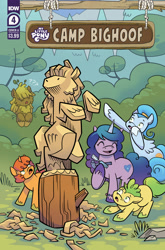 Size: 2063x3131 | Tagged: safe, artist:kate sherron, idw, official comic, bighoof (g5), izzy moonbow, cryptid, earth pony, pegasus, pony, unicorn, camp bighoof #4, g5, my little pony: camp bighoof, official, spoiler:comic, spoiler:g5, spoiler:g5comic, bush, colored hooves, colt, comic cover, cover, cover art, creature, eyes closed, female, filly, foal, hammer, hiding, high res, hoof hold, log, male, mare, monster, my little pony logo, open mouth, open smile, pointing, question mark, scared, smiling, statue, tools, unaware, unshorn fetlocks