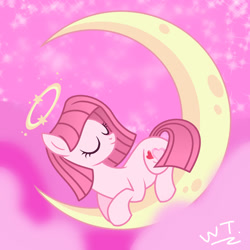 Size: 1280x1280 | Tagged: safe, artist:teahie821, oc, oc only, oc:annisa trihapsari, angel, earth pony, pony, series:the guardian of leadership, crescent moon, cute, dream, eyes closed, lullaby, moon, night, ocbetes, pink background, signature, sky, sleeping, solo