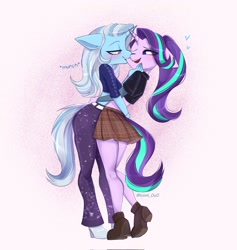 Size: 1942x2048 | Tagged: safe, artist:tomi_ouo, starlight glimmer, trixie, unicorn, anthro, plantigrade anthro, g4, biting, blushing, clothes, cute, diatrixes, duo, duo female, eye clipping through hair, eyebrows, eyebrows visible through hair, female, floppy ears, glimmerbetes, hand on waist, heart, horn, horns are touching, hug, legs, lesbian, lidded eyes, midriff, miniskirt, nom, one eye closed, open mouth, open smile, pants, plaid skirt, ponytail, ship:startrix, shipping, shoes, short shirt, skirt, smiling