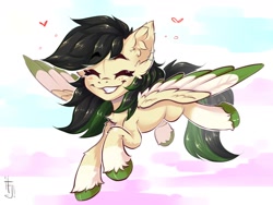 Size: 1600x1200 | Tagged: safe, artist:falafeljake, oc, oc only, pegasus, pony, blushing, colored wings, colored wingtips, cute, ear fluff, eyebrows, eyebrows visible through hair, eyes closed, female, flying, grin, mare, ocbetes, pegasus oc, signature, smiling, solo, spread wings, unshorn fetlocks, wings