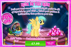 Size: 1960x1300 | Tagged: safe, gameloft, sunshower raindrops, pegasus, pony, g4, my little pony: magic princess, official, advertisement, bush, costs real money, english, female, gem, introduction card, mare, mobile game, numbers, sale, solo, spread wings, text, wings