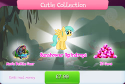 Size: 1267x855 | Tagged: safe, gameloft, sunshower raindrops, pegasus, pony, g4, my little pony: magic princess, official, bundle, bush, costs real money, cutie collection, english, female, gem, mare, mobile game, numbers, sale, solo, spread wings, text, wings