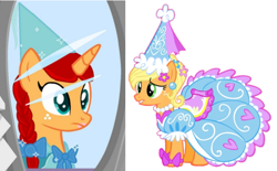 Size: 1263x782 | Tagged: safe, applejack, earth pony, pony, unicorn, g4, applejack also dresses in style, beautiful, bow, clothes, confused, dress, duo, duo female, ear piercing, female, flower, flower in hair, froufrou glittery lacy outfit, hat, hennin, jewelry, macy halbert, mirror, necklace, nexo knights, piercing, ponified, pretty, princess, princess applejack, puffy sleeves