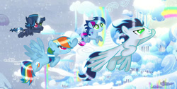 Size: 750x377 | Tagged: safe, artist:onyxdreamyt, rainbow dash, soarin', oc, pegasus, pony, g4, cloudsdale, colt, family, female, filly, flying, foal, male, mare, offspring, parent:rainbow dash, parent:soarin', parents:soarindash, ship:soarindash, shipping, stallion, straight