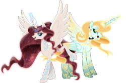 Size: 12765x8459 | Tagged: safe, artist:php178, oc, oc only, oc:iridia, oc:rosetta, alicorn, pony, my little pony: the movie, .svg available, alicorn oc, aura, blonde hair, blonde mane, blonde tail, blue eyes, bonnie zacherle, braid, choker, coat markings, colored wings, commissioner:dust rock, duet, duo, duo female, ear piercing, earring, ethereal hair, ethereal mane, ethereal tail, female, flourish, flourishes, folded wings, galaxy, galaxy mane, galaxy tail, gem, glowing, glowing mane, glowing tail, god empress of ponykind, gold, gradient wings, hair bun, heart, highlights, horn, horn ring, hourglass, inkscape, inspired by another artist, jewelry, lauren faust, long horn, long mane, long tail, looking at you, magic, magic aura, mane, mare, movie accurate, one wing out, peytral, piercing, ponified, prancing, rainbow, red mane, red tail, redesign, regal, regalia, reimagined, remastered, ring, sand, shading, simple background, smiling, smiling at you, spread wings, starry mane, starry tail, svg, swirls, swirly markings, tail, tail wrap, tall, touching wings, translucent mane, transparent background, vector, waving, wings, yellow hair, yellow mane, yellow tail