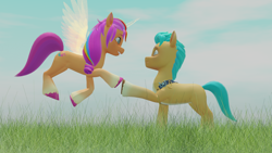 Size: 1920x1080 | Tagged: safe, artist:thisguy, hitch trailblazer, sunny starscout, alicorn, earth pony, pony, g5, 3d, alicornified, cloud, day, duo, duo male and female, female, grass, grassfield, looking at each other, looking at someone, male, mane stripe sunny, mare, race swap, sheriff's badge, ship:starblazer, shipping, smiling, stallion, straight, sunnycorn