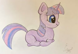 Size: 2189x1532 | Tagged: safe, artist:engi, twilight sparkle, pony, unicorn, g4, female, happy, lying down, missing cutie mark, ponyloaf, prone, simple background, solo, traditional art, unicorn twilight, watercolor painting