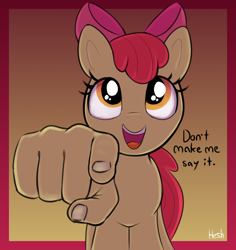 Size: 2640x2800 | Tagged: safe, artist:heretichesh, apple bloom, earth pony, pony, g4, female, filly, foal, gradient background, hand, high res, looking at you, mind screw, open mouth, pointing, pointing at you, signature, solo, suddenly hands, text