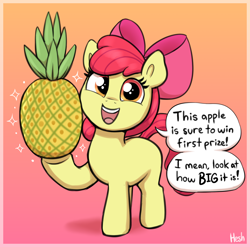 Size: 1544x1528 | Tagged: safe, artist:heretichesh, apple bloom, earth pony, pony, g4, female, filly, foal, food, gradient background, misunderstanding, open mouth, pineapple, solo, sparkles, speech bubble, text