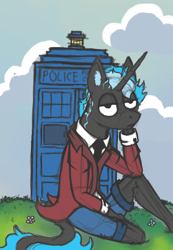 Size: 2126x3071 | Tagged: safe, artist:hrabiadeblacksky, oc, oc only, oc:hrabia de black sky, unicorn, anthro, doctor who, high res, male, solo, stallion, tardis