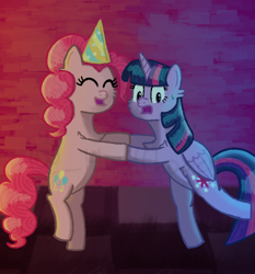 Size: 558x600 | Tagged: safe, artist:_healthpack_, pinkie pie, twilight sparkle, alicorn, earth pony, pony, g4, atg 2023, dancing, duo, female, lesbian, newbie artist training grounds, ship:twinkie, shipping, twilight sparkle (alicorn)