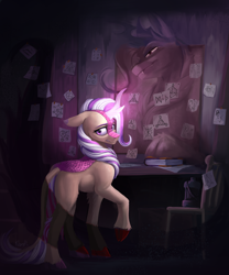 Size: 3324x4000 | Tagged: safe, artist:klarapl, oc, oc only, oc:lotus cinder, oc:searing gale, kirin, fanfic:words of power, book, chair, concave belly, desk, diagram, fanfic art, female, glowing, glowing horn, horn, kirin oc, lantern, magic, mare, raised hoof, see-through, spellbook, story in the source, tail