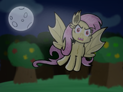 Size: 800x600 | Tagged: safe, artist:_healthpack_, fluttershy, bat pony, pony, vampire bat pony, bats!, g4, apple, apple tree, atg 2023, bat ponified, female, flutterbat, moon, newbie artist training grounds, night, race swap, solo, tree