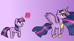 Size: 1920x1080 | Tagged: safe, artist:_healthpack_, twilight sparkle, alicorn, pony, unicorn, g4, the last problem, age progression, book, duo, female, glowing, glowing horn, gradient background, horn, magic, older, older twilight, older twilight sparkle (alicorn), princess twilight 2.0, telekinesis, twilight sparkle (alicorn), unicorn twilight