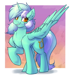 Size: 2912x3240 | Tagged: safe, artist:witchtaunter, lyra heartstrings, alicorn, pony, g4, alicornified, chest fluff, commission, ear fluff, female, gradient background, happy, high res, l.u.l.s., looking at you, lyracorn, mare, race swap, raised hoof, smiling, smiling at you, solo, spread wings, wings, xk-class end-of-the-world scenario