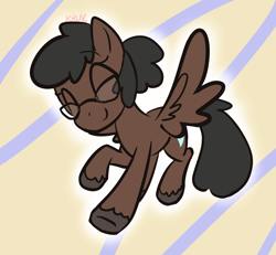 Size: 3250x3000 | Tagged: safe, artist:kruvvv, oc, oc only, oc:velveteen vixen softheart, fly, pegasus, pony, ^^, eyes closed, female, flying, glasses, happy, high res, mare, pegasus wings, raised hoof, simple background, smiling, smirk, solo, spread wings, wings, yellow background