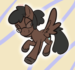 Size: 3250x3000 | Tagged: safe, artist:kruvvv, oc, oc only, oc:velveteen vixen softheart, fly, pegasus, pony, ^^, art fight 2023, artfight, artfight 2023, eyes closed, female, flying, glasses, happy, high res, mare, pegasus wings, raised hoof, simple background, smiling, smirk, solo, spread wings, wings, yellow background