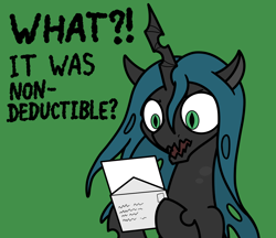 Size: 2048x1772 | Tagged: safe, artist:ewoudcponies, queen chrysalis, changeling, changeling queen, g4, female, green background, half body, hoof hold, horse taxes, letter, mare, simple background, solo, surprised, taxes