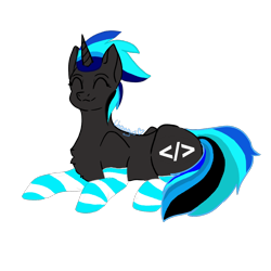 Size: 1080x1080 | Tagged: safe, artist:chongus, oc, oc only, oc:source code, clothes, cute, eyes closed, female, horn, lying down, mare, signature, simple background, smiling, socks, solo, striped socks, transparent background