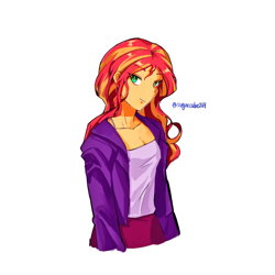 Size: 1024x1024 | Tagged: safe, artist:sugarcube269, sunset shimmer, human, equestria girls, g4, clothes, female, jacket, looking at you, looking back, looking back at you, simple background, smiling, solo, tank top, white background