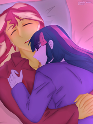 Size: 1534x2048 | Tagged: safe, artist:eddin_sciset, sci-twi, sunset shimmer, twilight sparkle, human, equestria girls, g4, cuddling, duo, female, lesbian, ship:sci-twishimmer, ship:sunsetsparkle, shipping