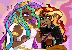 Size: 2048x1430 | Tagged: safe, artist:indigohatetrain, princess celestia, sunset shimmer, human, g4, cellphone, clothes, dark skin, dreadlocks, duo, ear piercing, earring, elf ears, female, humanized, jacket, jewelry, leather, leather jacket, phone, piercing, punk, unicorns as elves