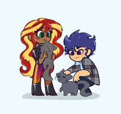 Size: 2048x1930 | Tagged: safe, artist:indigohatetrain, flash sentry, sunset shimmer, cat, human, equestria girls, g4, duo, female, human coloration, male, simple background